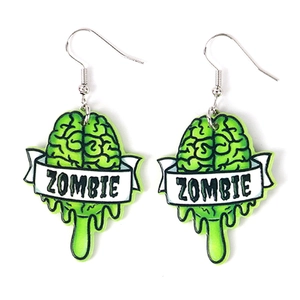 Gothic style green zombie brain acrylic drop earrings with white ribbon design for Halloween