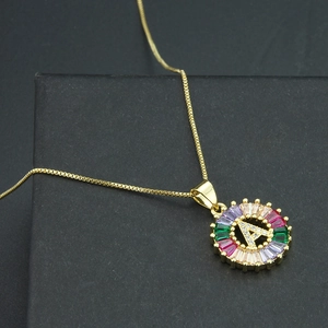 Gold plated initial A necklace with colorful zircon halo and clear white micro-pave center