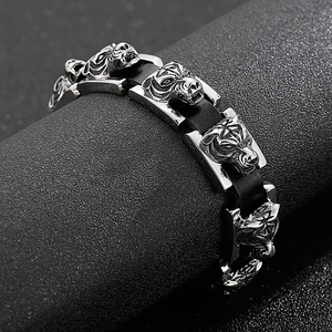 Men's hip hop tiger head bracelet in stainless steel with black woven leather band