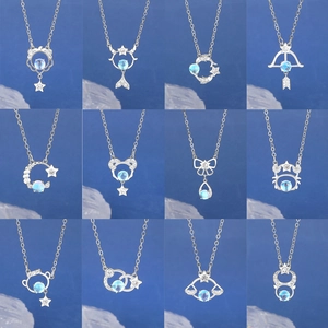 Twelve Zodiac Signs Pendant Necklace Copper Rhinestone Moonstone Clavicle Chain Personalized Jewelry For Women