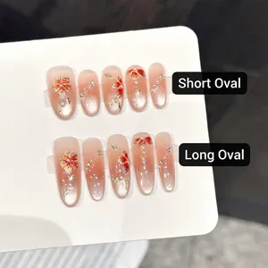 Handgefertigte Aufklebenägel Katzenauge Nude Rosa Farbverlauf Handbemalt Schmetterling Blumen Künstliche Perle Strass Oval Falsche Nägel