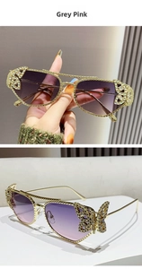 Detail of grey pink butterfly sunglasses with rhinestone butterfly and double bridge metal frame