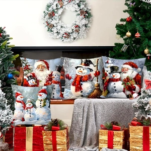 Vintage Christmas Cushion Cover Set Polyester Santa Claus Snowman Printed Decorative Throw Pillowcase For Home Holiday Decor