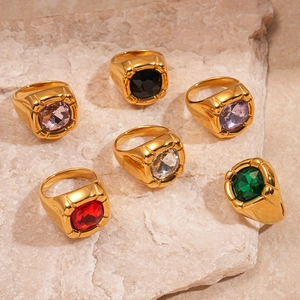 Vintage stainless steel square zircon rings in gold finish with multi-color gemstones