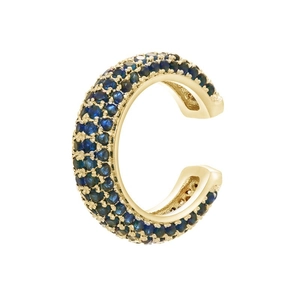 Macro shot of 18K gold plated ear cuff with pavé multi-row blue round cubic zirconia stones