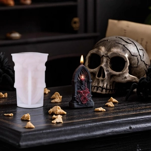 Gothic rose and skull tombstone candle silicone mold with DIY finished product result