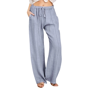Women's loose wide-leg casual pants in grey blue with drawstring elastic high waist