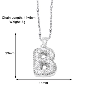 Detailed size specifications for the zircon letter B pendant necklace in silver finish