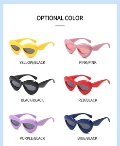 Detailed grid of cat-eye sunglasses featuring chunky frames in six vibrant color options