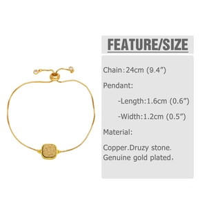 Detail view of 18k gold plated bracelet with 24cm chain and druzy stone pendant