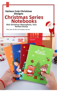 Close-up of four colorful Christmas A5 notebooks with cute cartoon illustrations and patterns