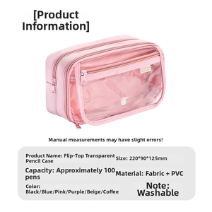 Pink flip-top clear pencil case with large capacity fabric and PVC material design