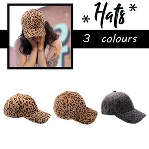 Detailed view of leopard print baseball caps showing three available patterns and colors