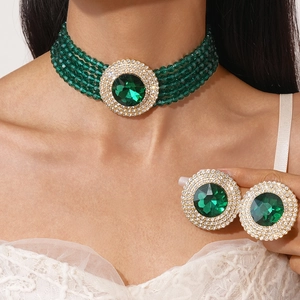 Vintage emerald crystal jewelry set with multi-layer beaded choker and diamond earrings