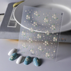 5D embossed white daisy nail stickers FEB-511 on blue and white manicure display