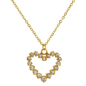 Elegant gold stainless steel heart pendant necklace with shimmering white rhinestones