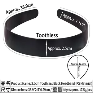 Technical drawing showing dimensions and size of the 2.5cm black plastic headband