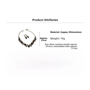 Macro view of teardrop rhinestone necklace set featuring copper base and smoky crystals