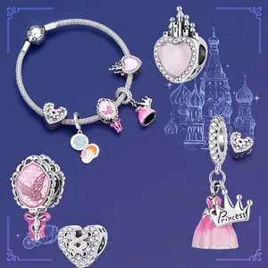 925 Sterling Silver Pink Enamel Princess Dress Castle Heart Charm Bead For DIY Bracelets Jewelry Zirconia Fairy Tale Pendants