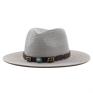 Light gray woven straw western cowboy hat with bohemian turquoise leather decorative band