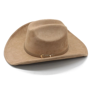 Detail of camel western cowboy hat featuring wool felt texture and a buckled leather band