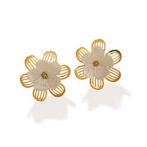 French style 18k gold stainless steel floral stud earrings with white petals and stones