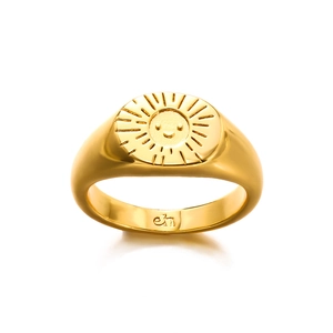 Polished 18K gold-plated signet ring featuring a minimalist sun smiley face design