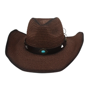 Dark brown woven Panama straw cowboy hat with turquoise stone band and curved brim