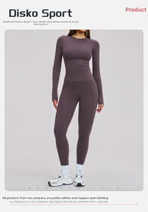 Detail of high-stretch deep purple long sleeve workout top and high waist yoga leggings