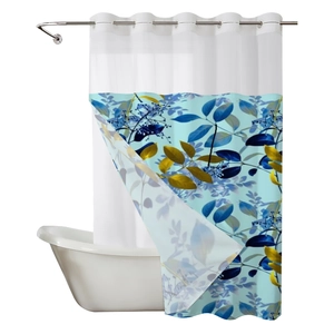 Double-layer waffle weave shower curtain with blue and gold leaf pattern and top mesh