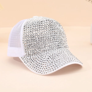 White baseball cap with silver rhinestones on brim and breathable mesh back panel