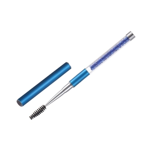 Blue crystal eyelash brush with rhinestone filling and metallic handle on white background