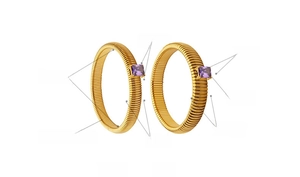 Detailed dimensions of gold stretch bracelet with square purple zircon inlay