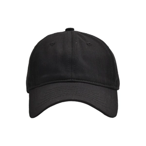 Detailed close-up of a minimalist black baseball cap featuring a six-panel structured design