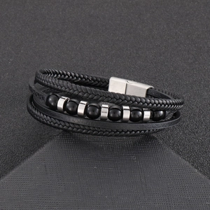 Men's multilayer braided leather bracelet with black beads and silver magnetic clasp
