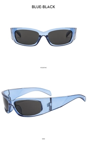 Front and side views of Y2K sports sunglasses with translucent blue frame and black lens