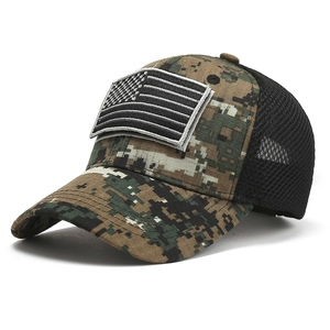 Tactical camo baseball cap with US flag velcro patch and breathable black mesh back