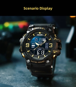 Close-up of waterproof dual-display sport watch with gold accents and digital date screen