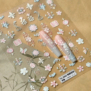 5D embossed floral nail stickers with French embroidery patterns and butterfly designs