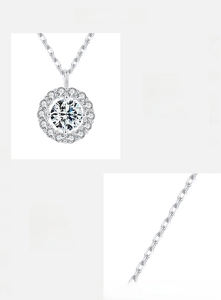 Macro detail of S925 sterling silver necklace featuring a sparkling round zircon pendant