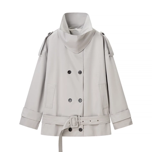 Women Double Breasted Trench Coat With Belt Light Gray Polyester Long Sleeve Lapel Elegant Casual Outerwear Jacket