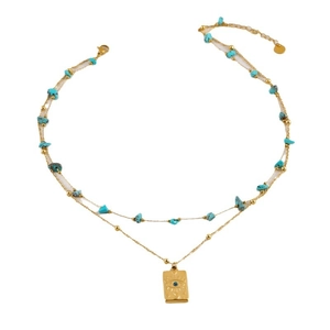 Collana doppia dorata con pietre turchesi e pendente quadrato occhio di Allah
