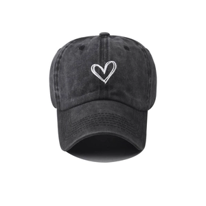 Vintage dark gray washed cotton baseball cap with white heart embroidery design