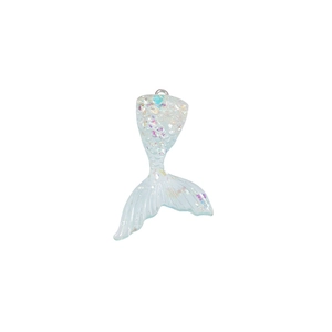 Detailed view of light blue resin mermaid tail pendant with iridescent glitter and loop