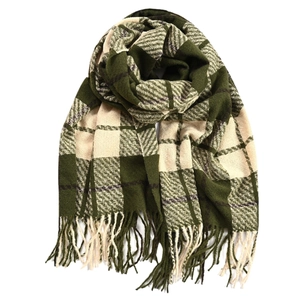 Winter plaid scarf in green and beige cashmere-like knit fabric with tassel trim details