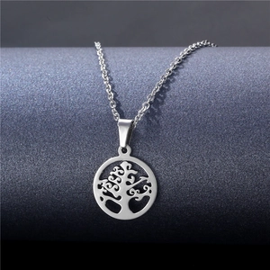 Polished stainless steel Tree of Life pendant necklace with elegant hollow-out design