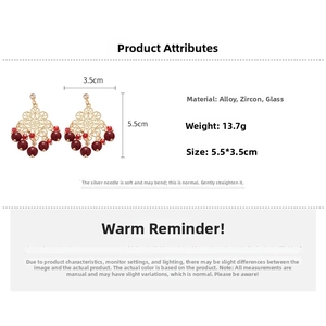 Detailed dimensions of hollow gold earrings with red stones and zircon weighing 13.7g