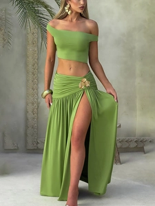 Women's summer green two-piece set featuring a one-shoulder crop top and high-slit maxi skirt