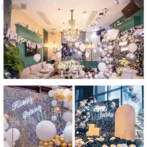 Square wind-driven sequin shimmer wall panels with balloons for birthday party decor