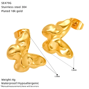 18k gold plated stainless steel butterfly stud earrings with 17mm x 13mm dimensions